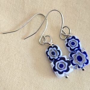 Blue and White Glass Flower Earrings